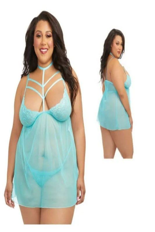 Blue Strappy Lace & Mesh Babydoll